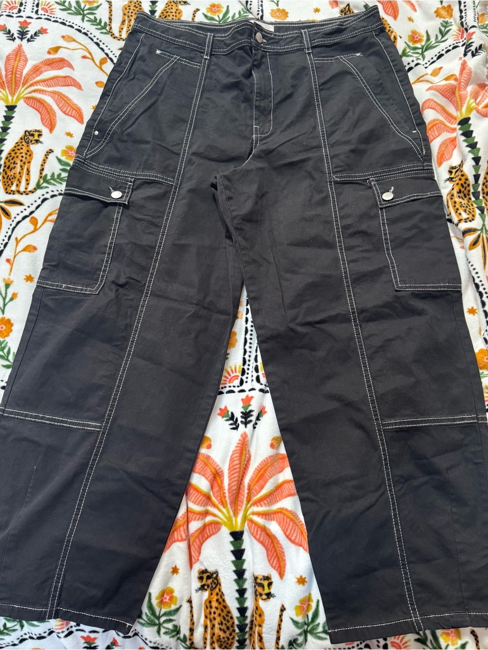 Anthropologie Black Cargo Pants with White Contrast Stitching